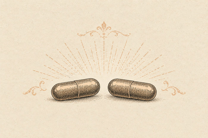 Two identical plain capsules side by side, framed by faint patent-medicine sunburst flourishes