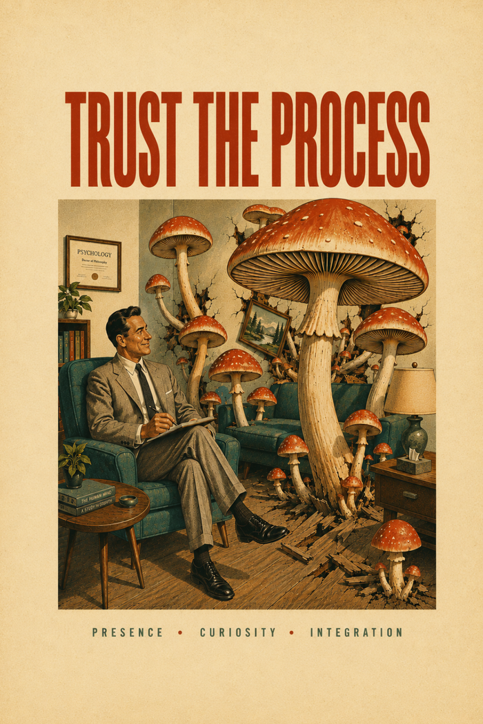 Trust the Process artwork, a retro poster of a therapist taking notes while giant mushrooms burst through the room