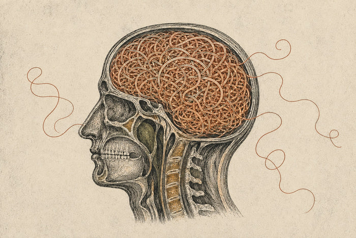 An anatomical cross-section of a head, the brain drawn as a dense tangle of looping threads with a few coming loose