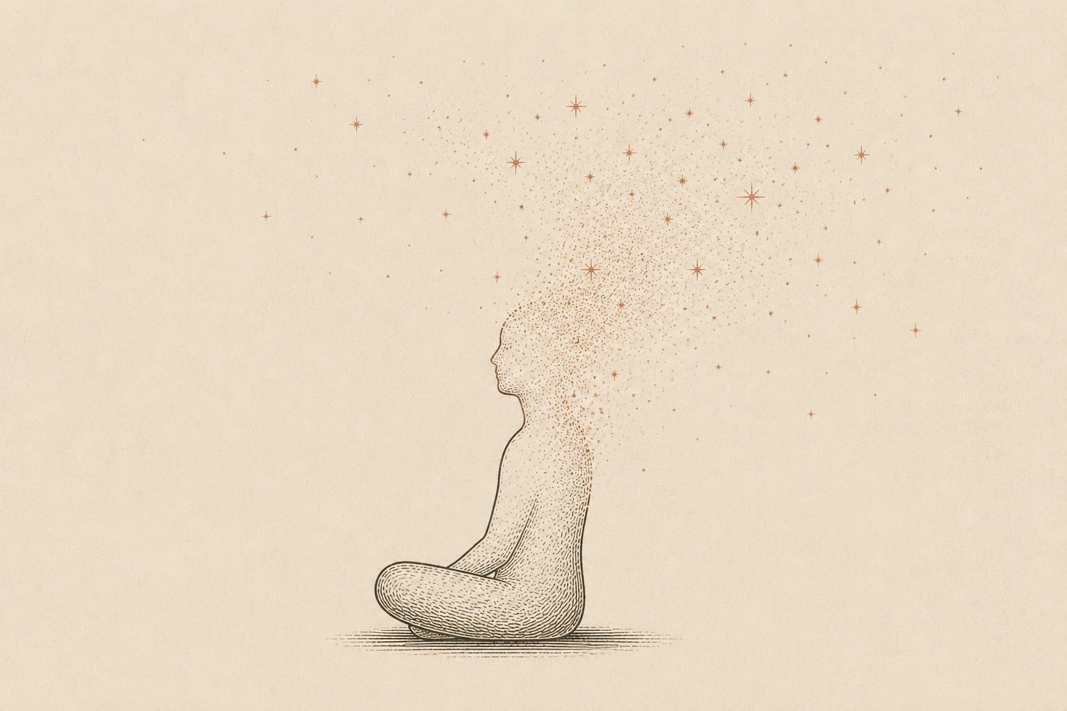 A seated figure in outline whose upper edge dissolves into a field of fine dots and small stars