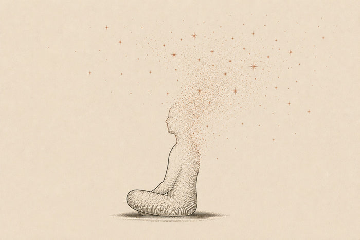 A seated figure in outline whose upper edge dissolves into a field of fine dots and small stars