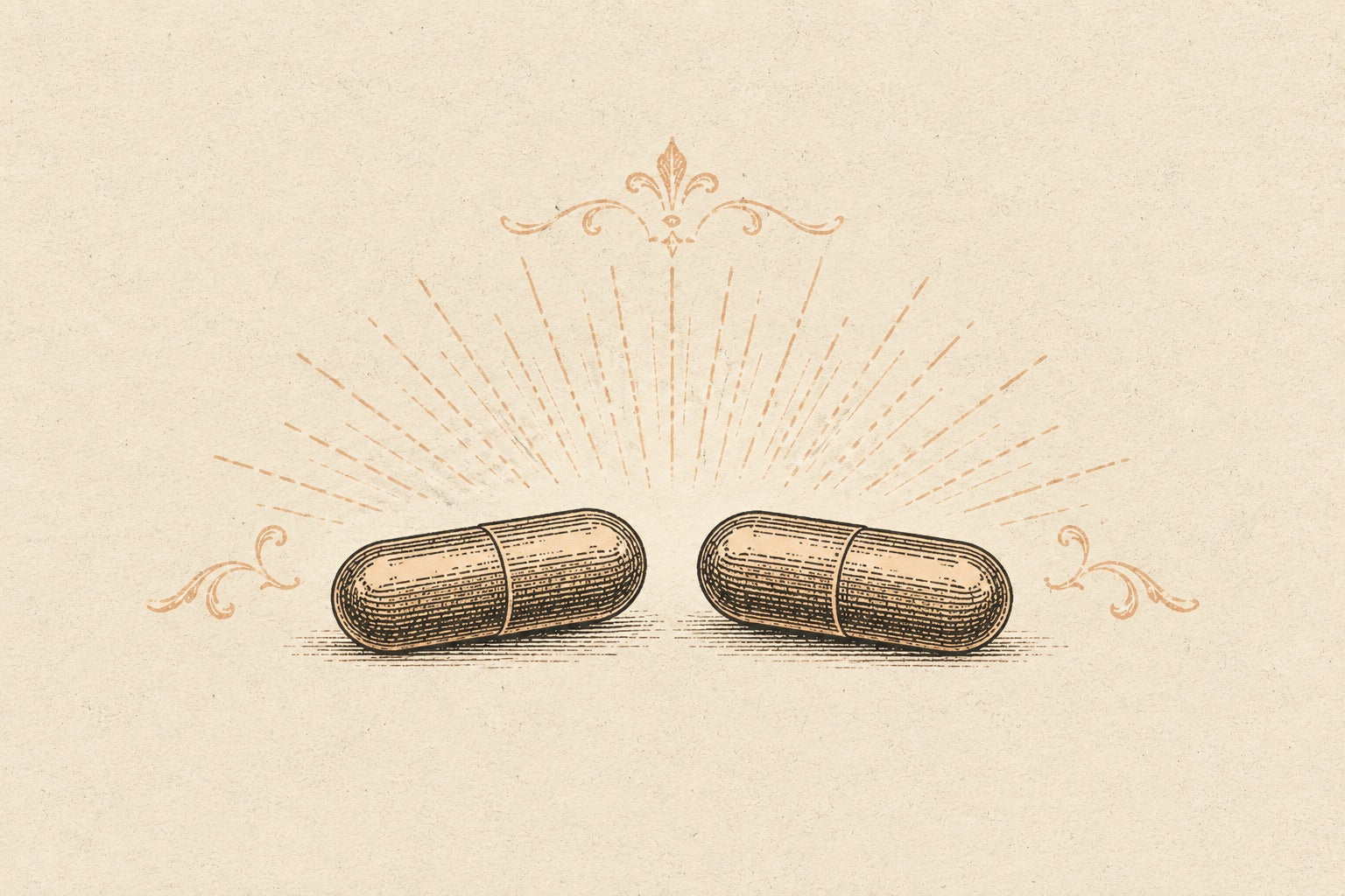 Two identical plain capsules side by side, framed by faint patent-medicine sunburst flourishes