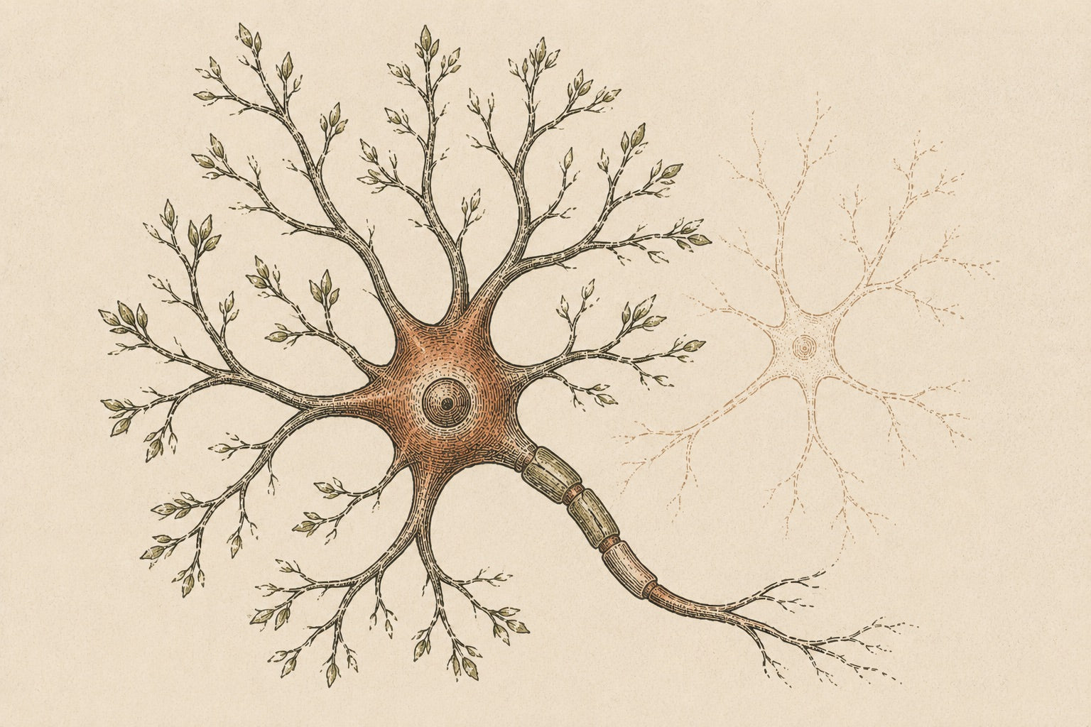 A neuron drawn as a botanical specimen with new buds sprouting at its branch tips, beside a fainter sparser version of itself