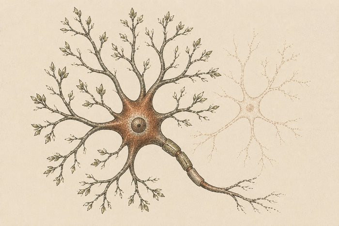 A neuron drawn as a botanical specimen with new buds sprouting at its branch tips, beside a fainter sparser version of itself