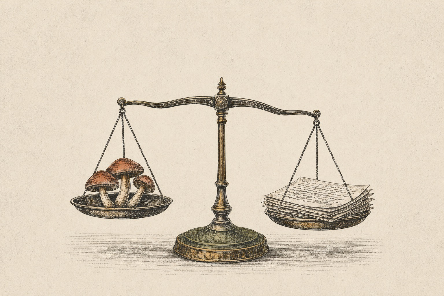 An engraved apothecary balance scale weighing three mushrooms against a stack of paper, tipping slightly toward the mushrooms