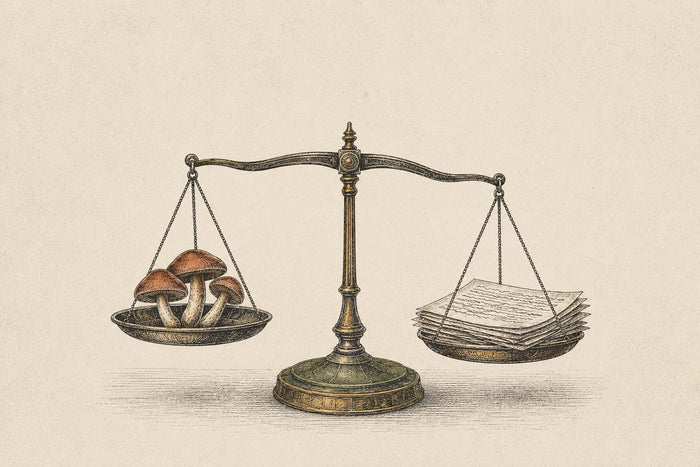 An engraved apothecary balance scale weighing three mushrooms against a stack of paper, tipping slightly toward the mushrooms