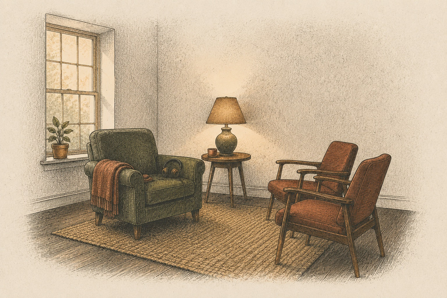 An engraved drawing of a calm, empty session room: an armchair with a blanket and headphones, a lamp, and two chairs facing it