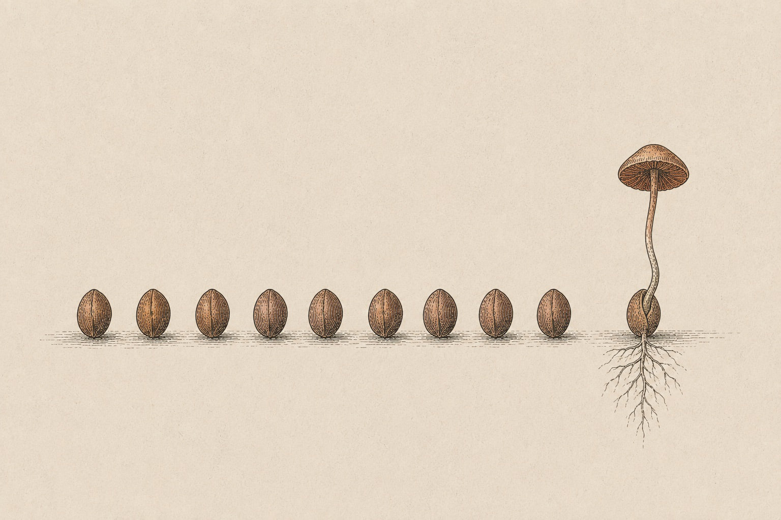 Ten engraved seeds in a row, the last one germinated into a mushroom with a fine root system below