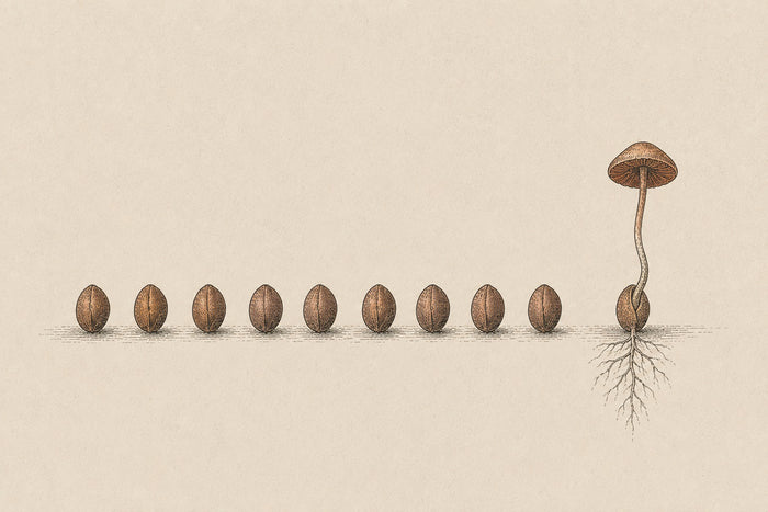 Ten engraved seeds in a row, the last one germinated into a mushroom with a fine root system below