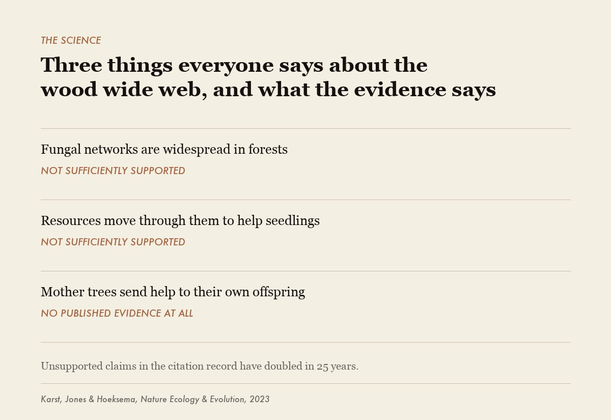 Three popular claims about fungal networks in forests, each marked as not sufficiently supported or having no published evidence