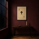 Ace of Spores print framed in black above a sparse console table by a night window, shown in 50x70cm