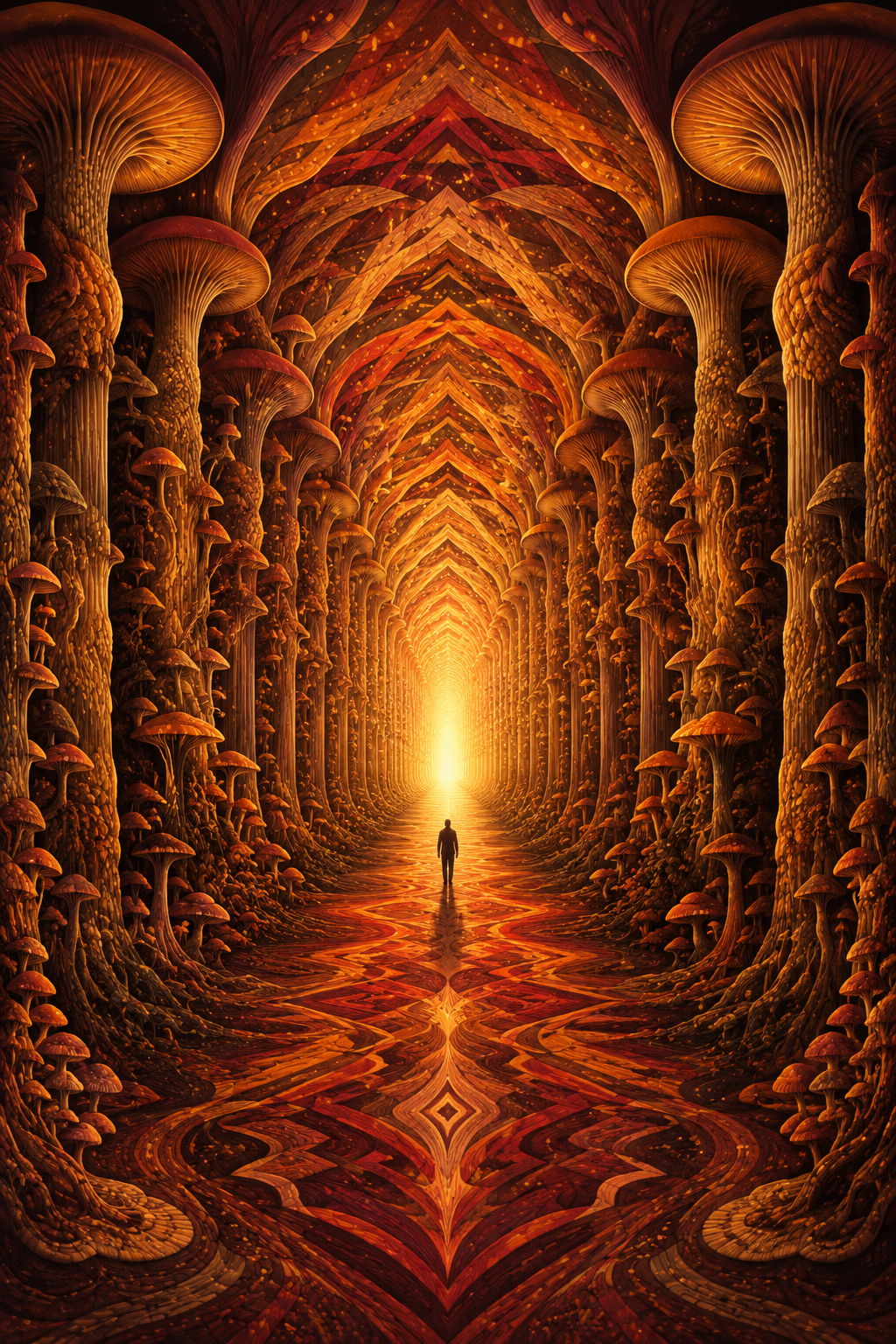 Cathedral of Spores artwork, a corridor of mushroom columns leading to golden light