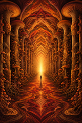 Cathedral of Spores artwork, a corridor of mushroom columns leading to golden light