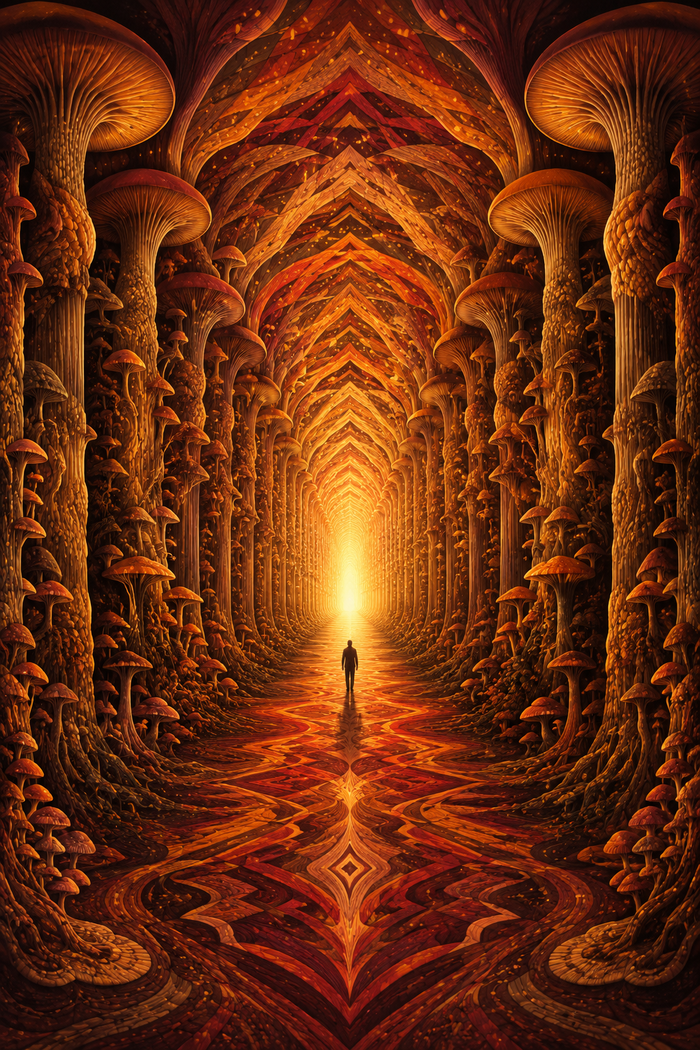 Cathedral of Spores artwork, a corridor of mushroom columns leading to golden light
