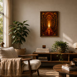 Cathedral of Spores print framed in warm wood, hung in a sunlit living room above a sideboard