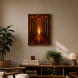 Cathedral of Spores print, framed in warm wood and hung above a sideboard, shown in A2 size