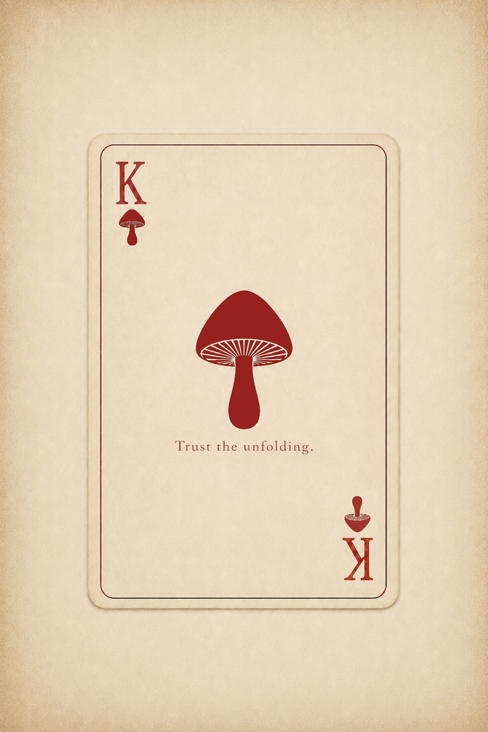 King of Spores artwork, a minimalist playing card with a red mushroom and the line Trust the unfolding