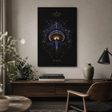 Neural Bloom print in a black frame above a walnut desk, shown in A2 size