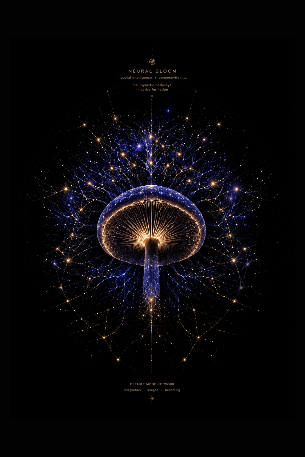 Neural Bloom artwork, a mushroom drawn as a glowing neural connectivity map in indigo and gold