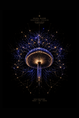 Neural Bloom artwork, a mushroom drawn as a glowing neural connectivity map in indigo and gold