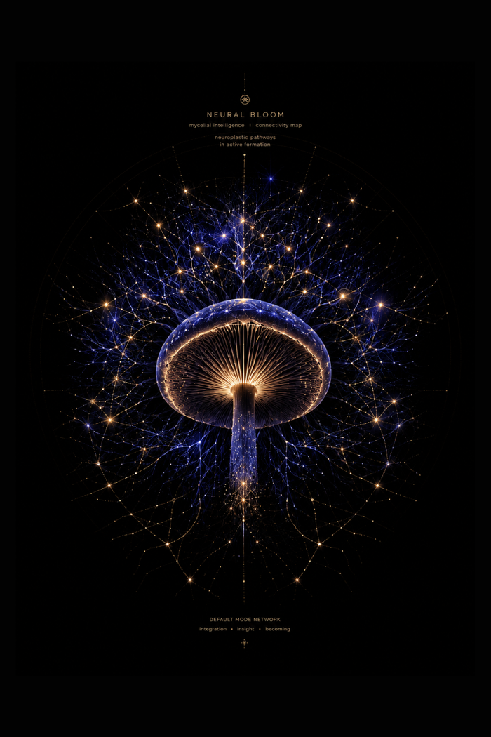 Neural Bloom artwork, a mushroom drawn as a glowing neural connectivity map in indigo and gold
