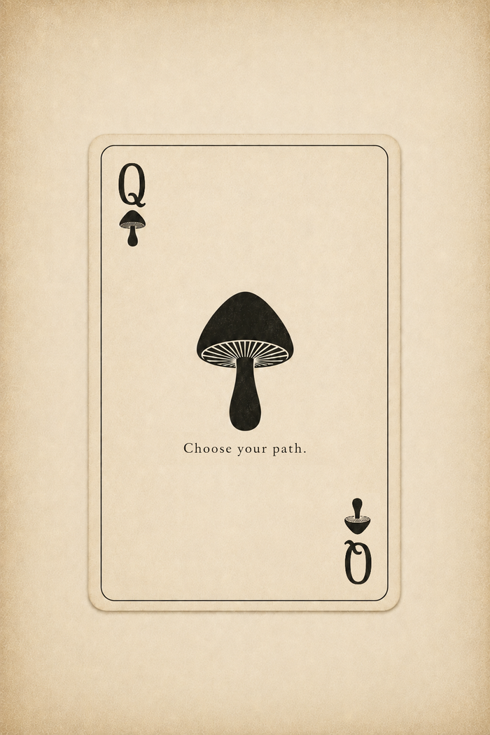 Queen of Spores artwork, a minimalist playing card with a black mushroom and the line Choose your path