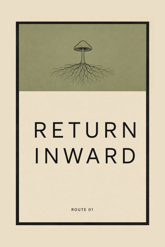 Return Inward artwork, a minimal poster with a rooted mushroom on an olive panel