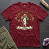 Received the Calling tee in Cardinal Red, flat-lay
