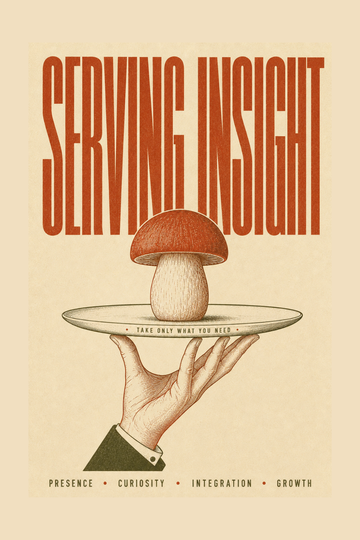 Serving Insight artwork, an engraved hand presenting a single mushroom on a silver tray