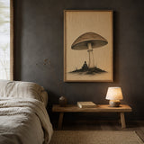 Shelter print in an oak frame on a charcoal bedroom wall above a bench, shown in 50x70cm