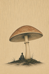 Shelter artwork, a small figure sitting beneath one enormous mushroom in falling rain