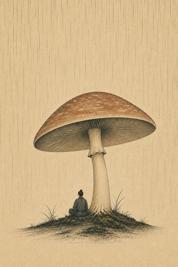Shelter artwork, a small figure sitting beneath one enormous mushroom in falling rain