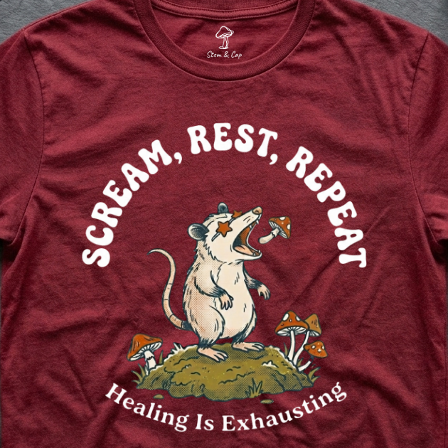 Scream, Rest, Repeat tee in Cardinal Red (card crop)