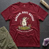 Scream, Rest, Repeat tee in Cardinal Red, flat-lay