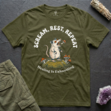 Scream, Rest, Repeat tee in Olive, flat-lay
