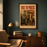 Trust the Process print in a walnut frame on a petrol blue wall above a credenza, shown in 50x70cm