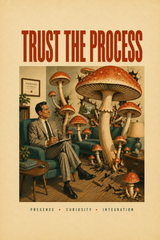 Trust the Process artwork, a retro poster of a therapist taking notes while giant mushrooms burst through the room